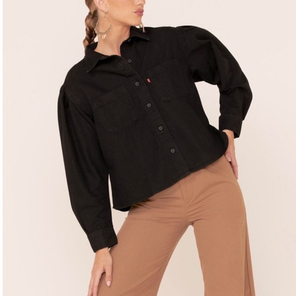 Levi's Kinsley Denim Utility Shirt Womens Size M Black Puff Sleeve Cropped Boxy